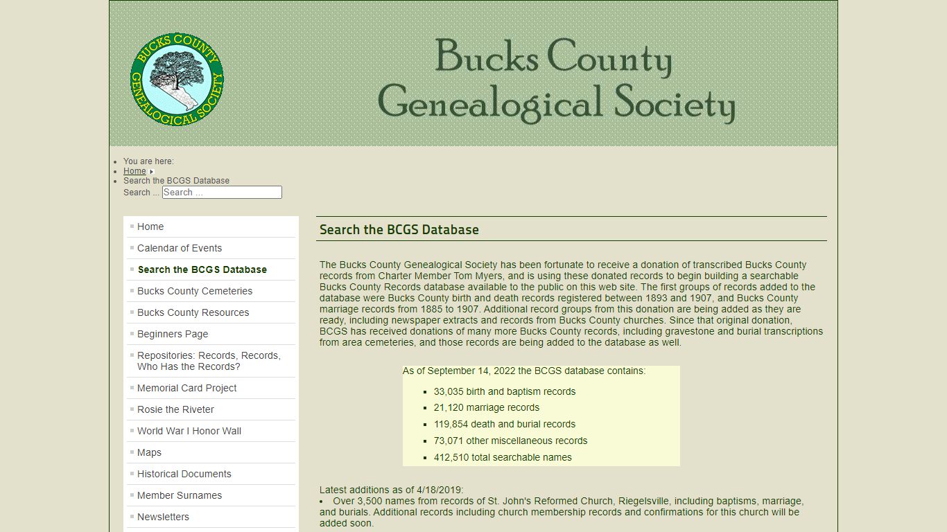 Search the BCGS Database - Bucks County Genealogical Society